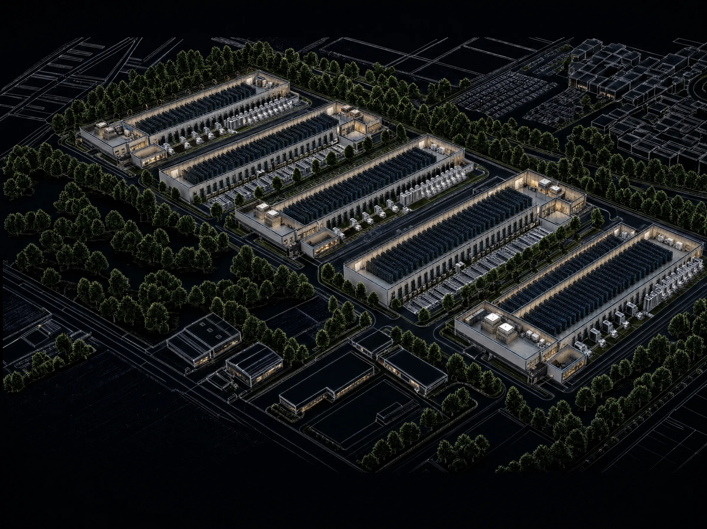 Madrid campus rendering — five hyperscale halls with rack rows, perimeter trees, and surrounding parcel